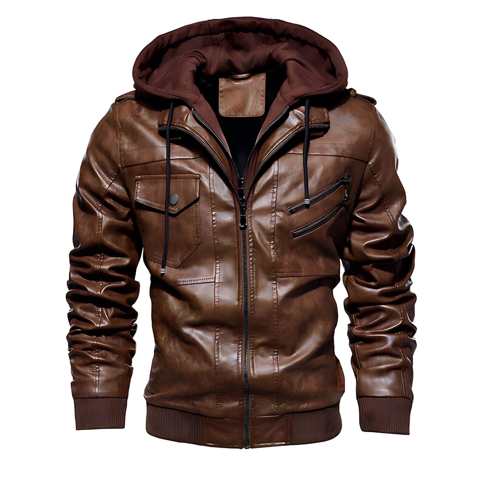 The Ace Faux Leather Hooded Biker Jacket - Multiple Colors LBL Store Brown XL 