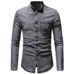 The Gio Long Sleeve Mandarin Collar Denim Shirt - Multiple Colors Mus & Gen A Store Grey M 